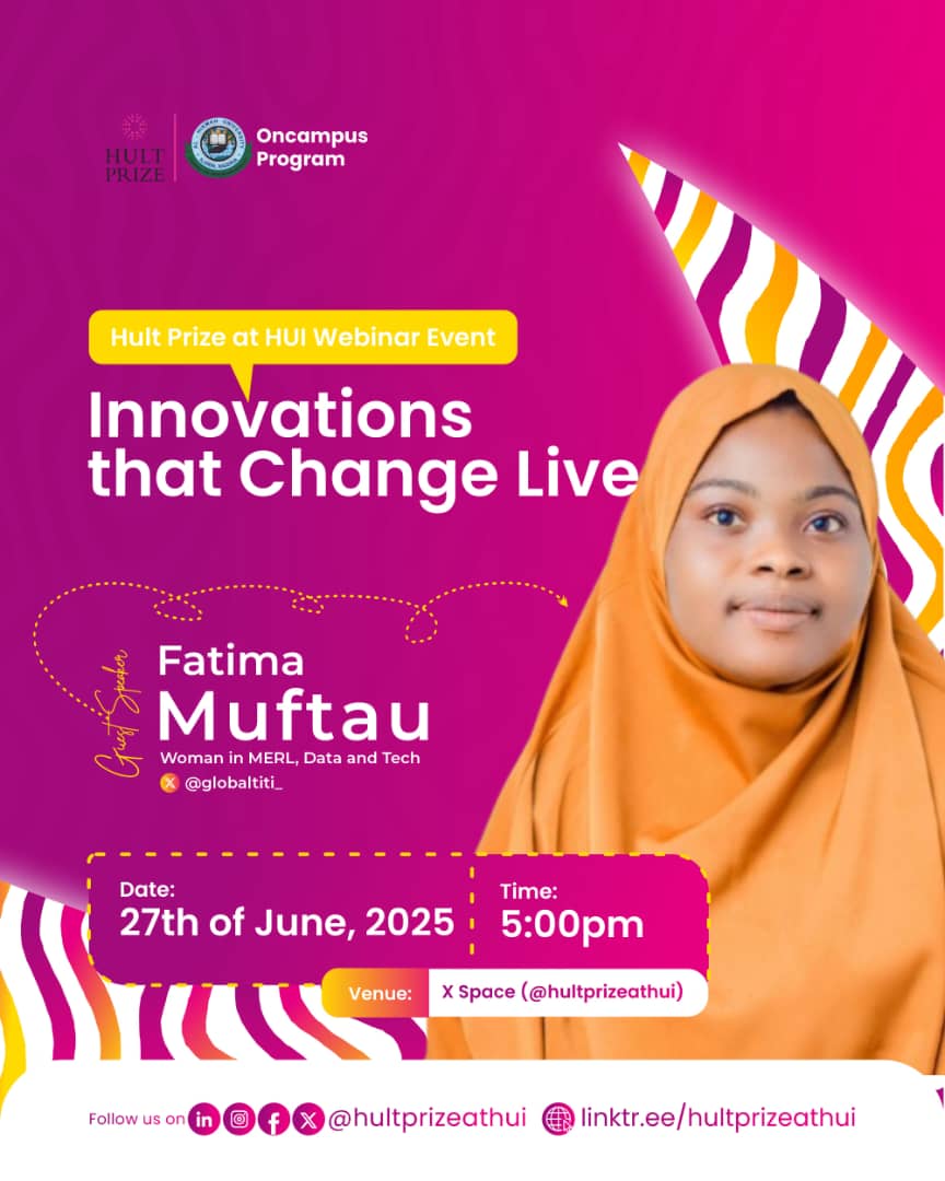 hultprizeathui's tweet photo. We're hosting Fatima Muftau — a powerhouse in data, tech &amp; dev.
Real stories, real impact. No long talk.

📅 June 27
🕔 5 PM
📍 X Space

Pull up. Bring a friend.
#HultPrizeatHUI #TechForGood #RealConversations https://t.co/yepOf8q76Q