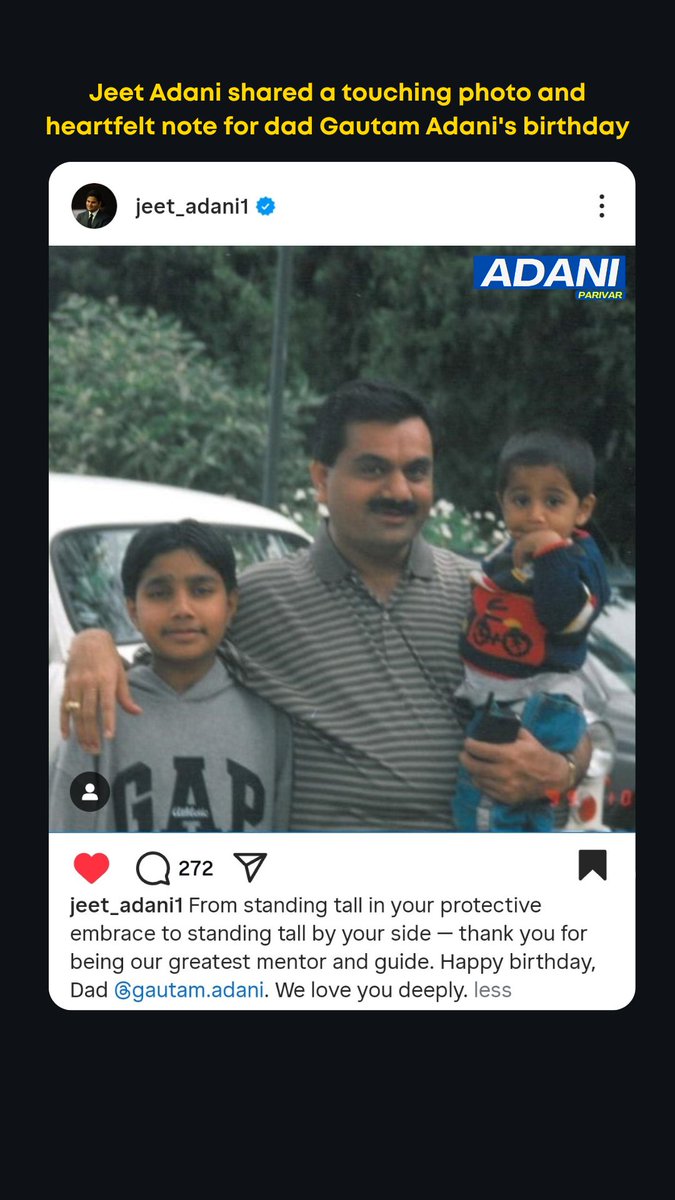 AdaniParivar's tweet photo. Jeet Adani shared a touching photo and heartfelt note for dad Gautam Adani's birthday: "Your love guides us, Dad. Happy birthday! Must read!" A son's love shines bright. 

#AdaniParivar https://t.co/O1nFpPhz3p
