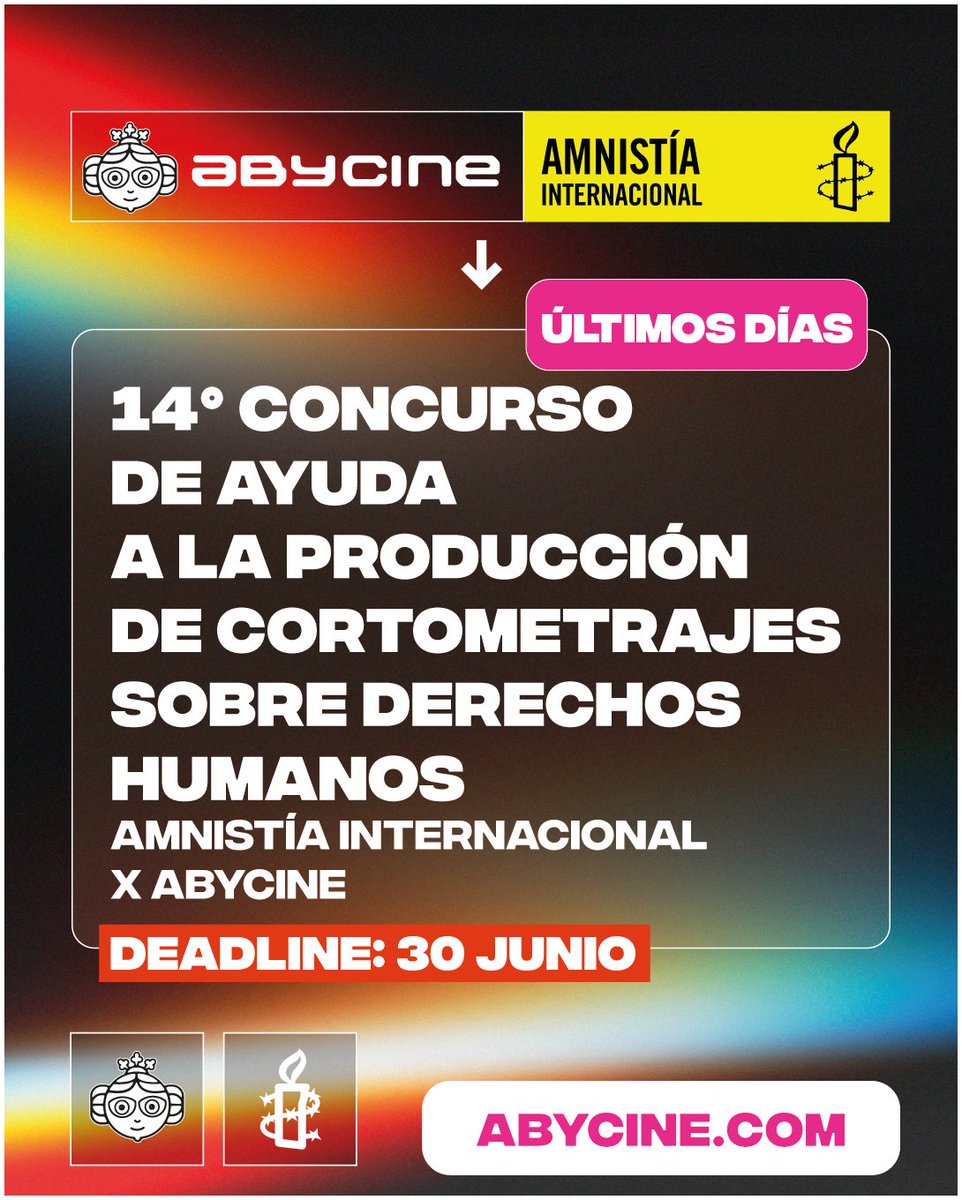 🎬 Últimos días para presentar tu proyecto a la convocatoria de Amnistía Internacional y Abycine.
💡 Ayuda a la producción de cortometrajes sobre derechos humanos.
📅 Cierre: 30 de julio
🔗 Toda la info en abycine.com