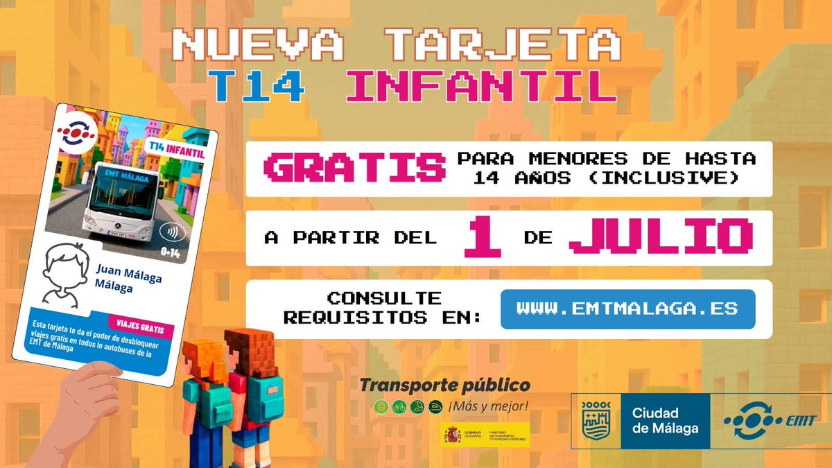 PTV Málaga #SSantaPTV25 (@ptv_malaga) on Twitter photo #transporte
📢 A partir del 1 de julio, los menores de 14 años podrán viajar gratis en los autobuses urbanos de Málaga.
🚍 La nueva tarjeta T14 Infantil ya puede solicitarse a través de la web de la <a href="/EMT_Malaga/">EMT Málaga</a> : emtmalaga.es/tarjeta-t14-in… #transporte
📢 A partir del 1 de julio, los menores de 14 años podrán viajar gratis en los autobuses urbanos de Málaga.
🚍 La nueva tarjeta T14 Infantil ya puede solicitarse a través de la web de la <a href="/EMT_Malaga/">EMT Málaga</a> : emtmalaga.es/tarjeta-t14-in…