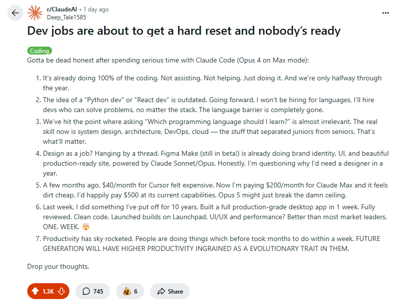 Niketas's tweet image. зашел тут на реддит и наткнулся на пост который прям в точку попадает в сегодняшние разговоры у кулера между разработчиками. чувак расписывает как он теперь с claude code вообще не кодит сам а просто говорит чего хочет и все готово. и самое жесткое что это реально работает

вот…