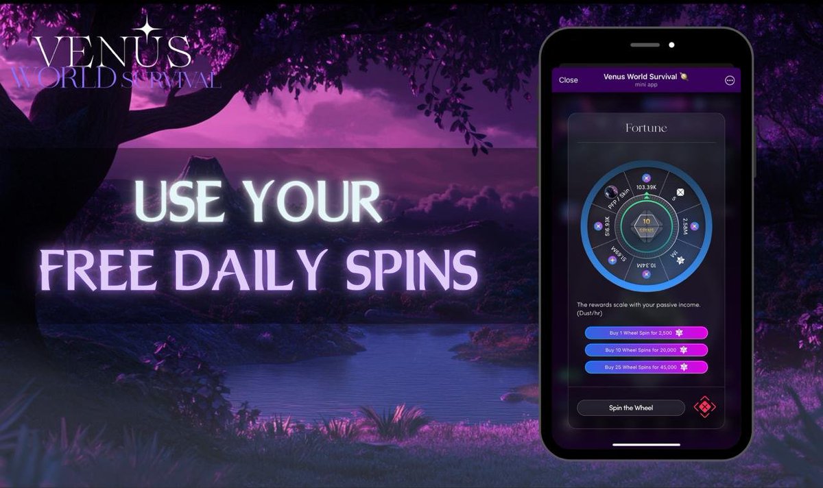 Use your FREE Daily Spins in Venus WS 🪐🌀

Each day, you receive 3 free spins in the Fortune minigame!

Use them to earn Dust, Dark Matter and Skin rewards 🏆

Win the Power Tap boost and enjoy 10x Dust generation from tapping for 5 minutes!

If you have the Space Pass, you