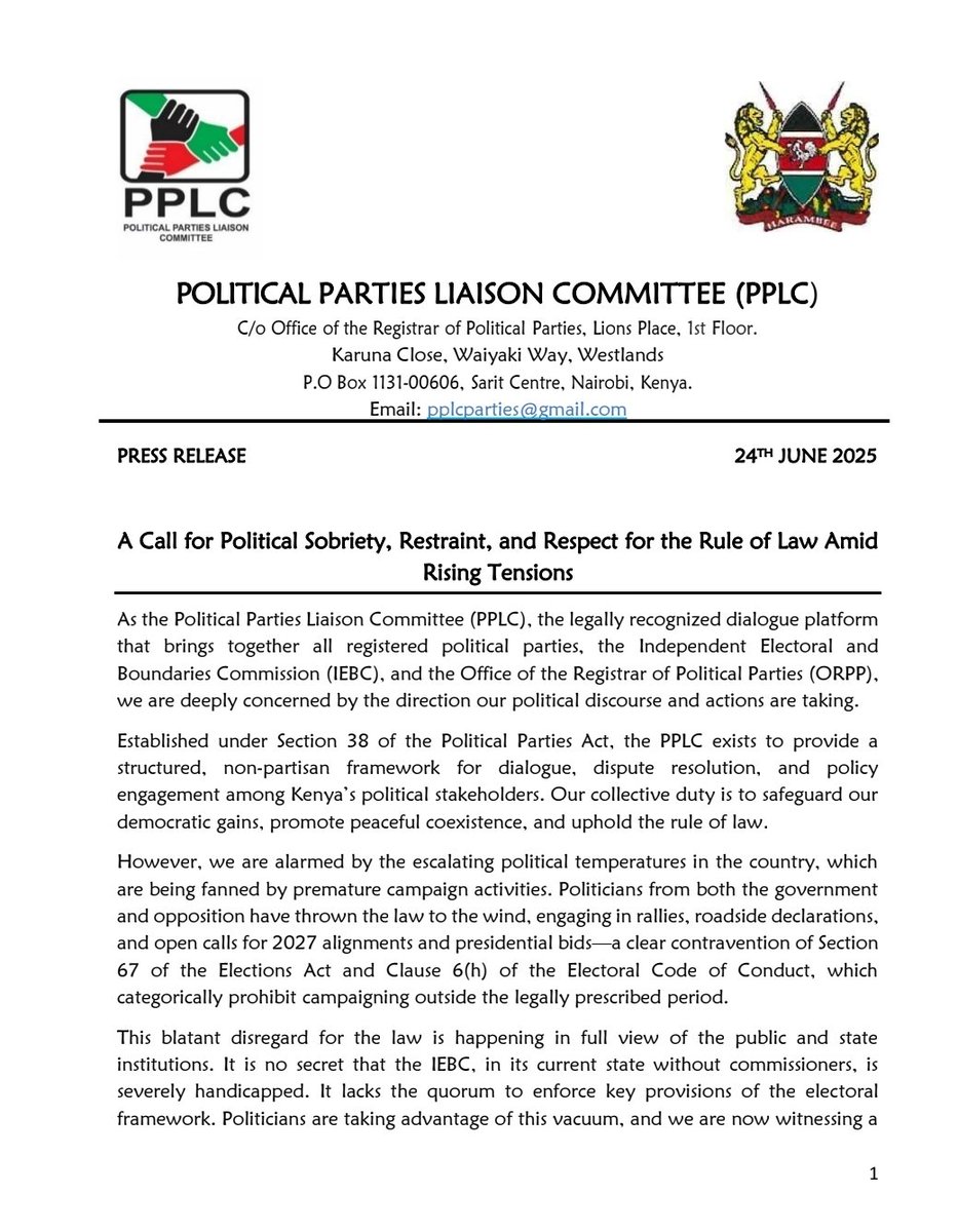 NationalPPLC's tweet photo. A call for Political sobriety from the Political Parties Liaison Committee. https://t.co/BlC6U80kUm