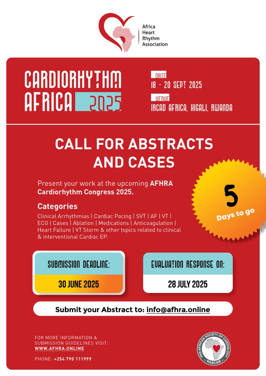 heartbeatchamp_'s tweet photo. 5 days to go till the close of submission!
Submit today and join us at #Cardiorhythm 2025 https://t.co/EpCqN4aeTs