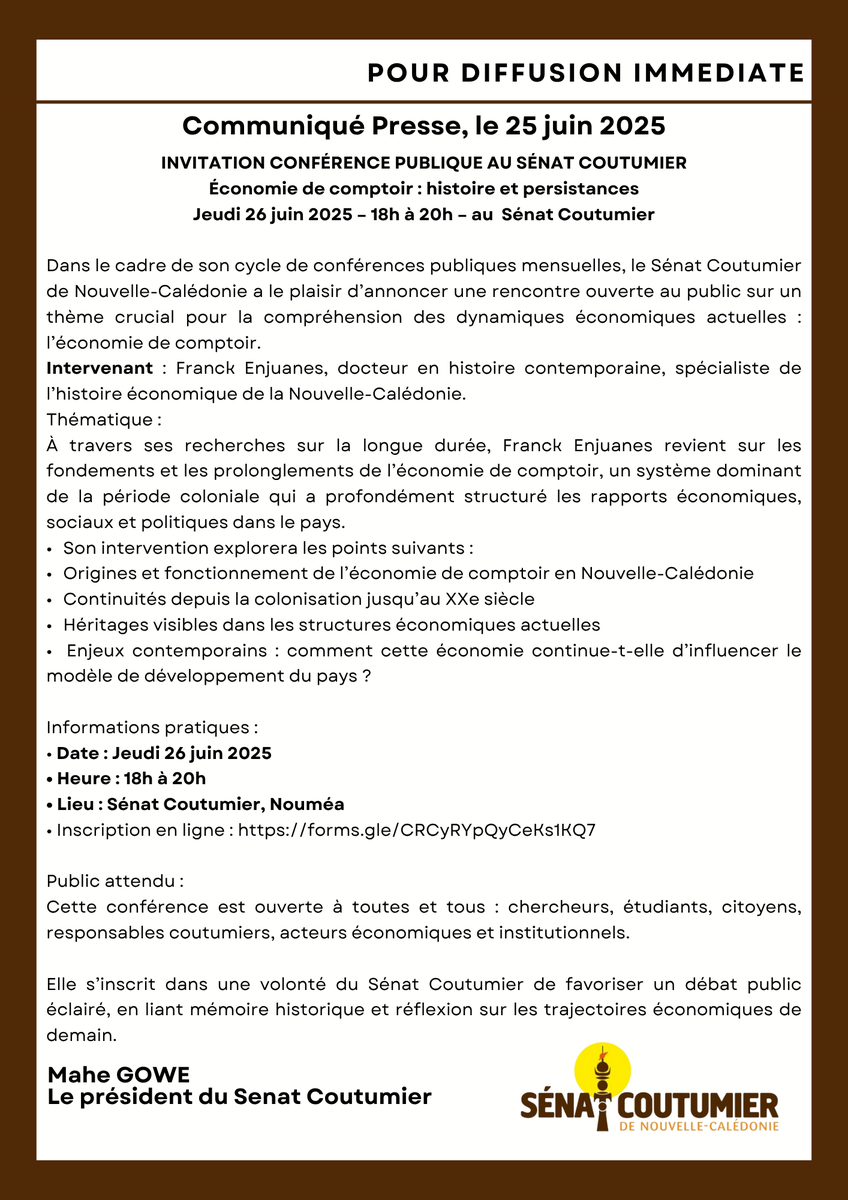 SenatCoutumier's tweet photo. #Communique #InvitationATous - Dans le cadre de ses conférences publiques mensuelles, le Sénat Coutumier
a le plaisir de vous inviter à une rencontre autour d’un sujet central pour notre histoire et notre présent économique : ECONOMIE DE COMPTOIR. HISTOIRE ET PERSISTANCES https://t.co/fMaBLslHv5