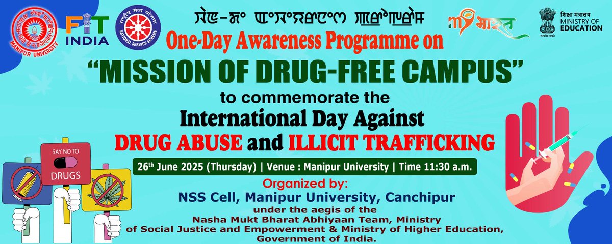 📢 One-Day Awareness Programme on “Mission of Drug-Free Campus”
🗓️ 26-6-2025
🎯 Commemorating International Day Against Drug Abuse 🚩 Under Nasha Mukt Bharat Abhiyaan, Ministry of Social Justice &amp; Empowerment, GoI.
#DrugFreeIndia #NashaMuktBharat #ManipurUniversity #NSS