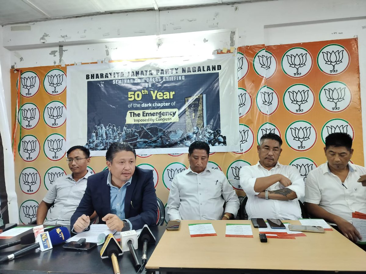 BJP4Nagaland's tweet photo. June 25 marks 50 years since the darkest chapter in Indian democracy — the infamous Emergency.

The Constitution wasn’t sidelined — it was slaughtered.
In a ruthless lust for power, Congress crippled democracy. 

Hon’ble Minister for PHED & Cooperation Shri  @jacob_zhimomi ji, along with Shri H.Haiying Ji, former MLA & State VP BJP Nagaland, addressed the press and media fraternity, reaffirming the BJP’s unwavering commitment to constitutional values and democracy.

#SamvidhanHatyaDiwas

@BJP4India @JPNadda @blsanthosh @anilkantony @YepthomiBen @YanthungoPatton @abhaygiribjp