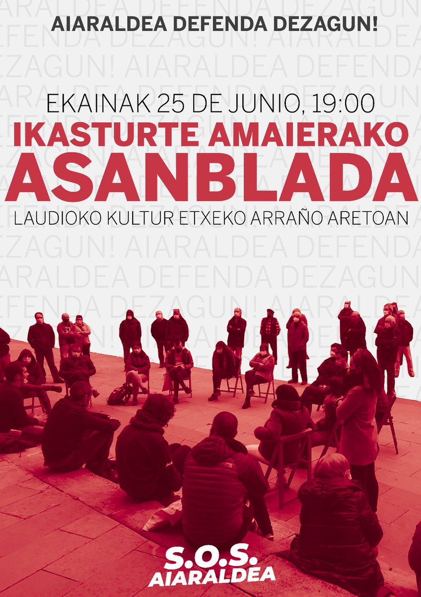 Gogoratu! Gaur 👇👇👇

🔊 IKASTURTE AMAIERAKO ASANBLADA 🔊 

🗓️ Ekainak 25 de junio

🕖 19:00

📍 Toki aldaketa: Laudioko Kultur Etxeko Arraño aretoa

Zabaldu mezua eta animatu bertaratzera! ✊✊✊
