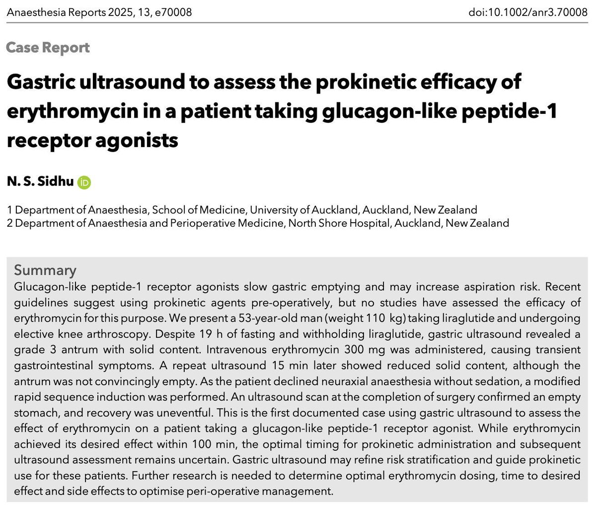 GLP-1 RAs slow gastric emptying and may increase aspiration risk

No studies have assessed the efficacy of pre-op erythromycin as a prokinetic.

This case reports evaluates erythromycin efficacy with gastric ultrasound!

#AnSky @drnavsidhu

buff.ly/e4OZ9dE