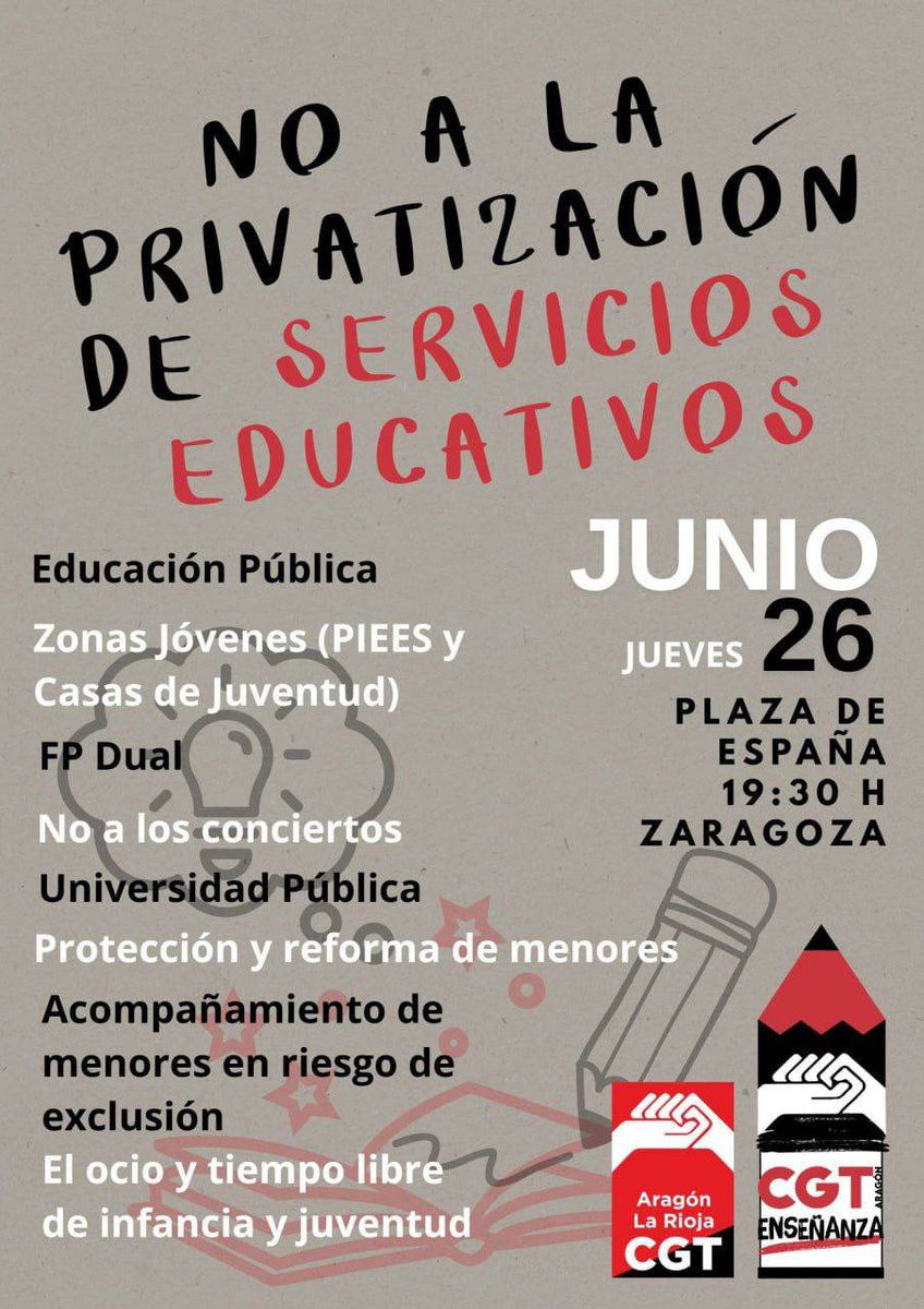Mañana jueves 26 de junio volvemos a la Plaza de España  #Zaragoza a las 19:30h para concentrarnos en Defensa de lo Público, para decir NO A LA PRIVATIZACIÓN DE LOS SERVICIOS EDUCATIVOS.