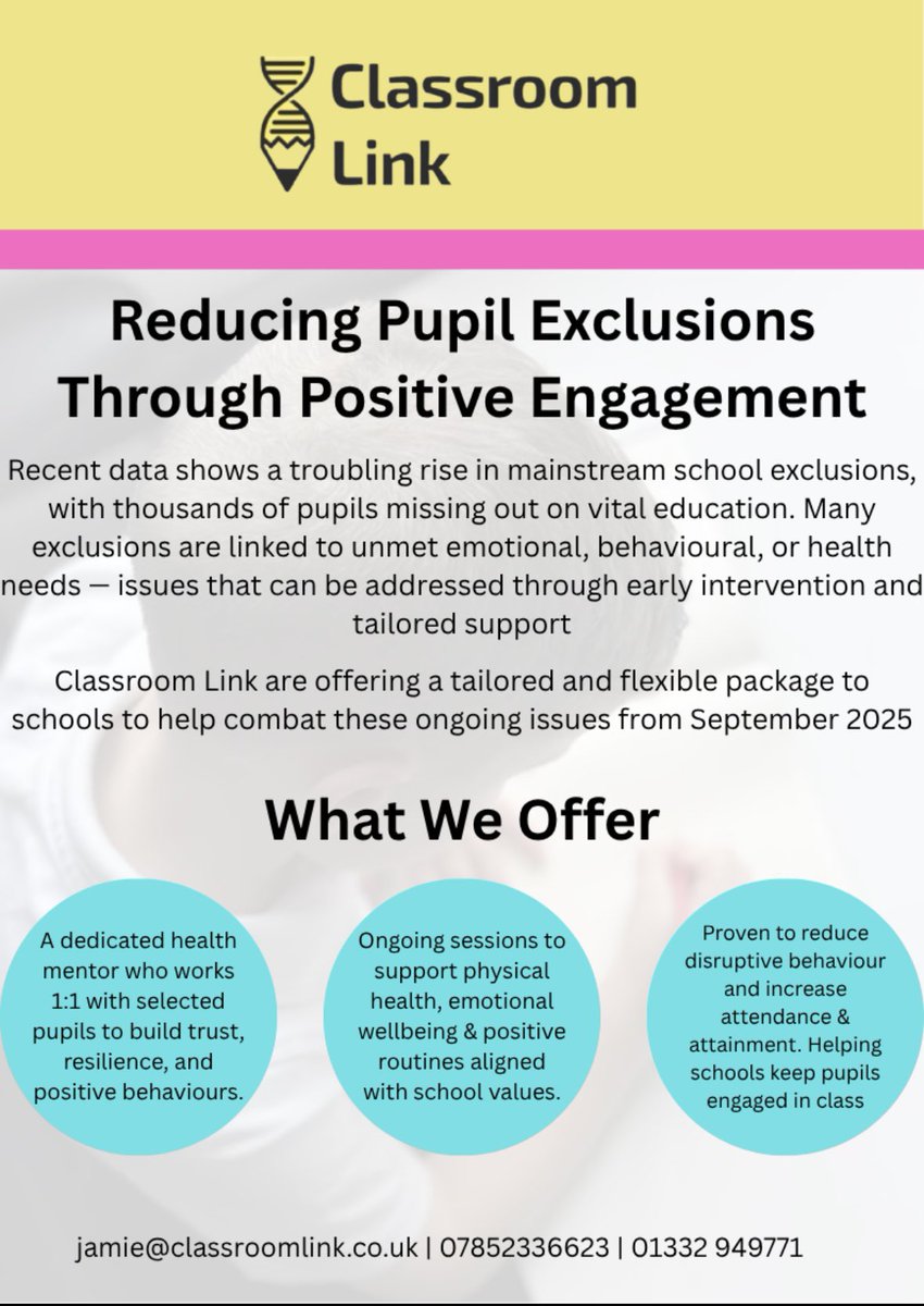 Do you have pupils close to suspension or exclusion? 

Would a 12 week programme aimed at raising: engagement, attainment and attendance benefit your pupils? 

Get in touch on the details below for more information? 

#SEMH #Nottingham #Derby #edutwitter #Exclusion
