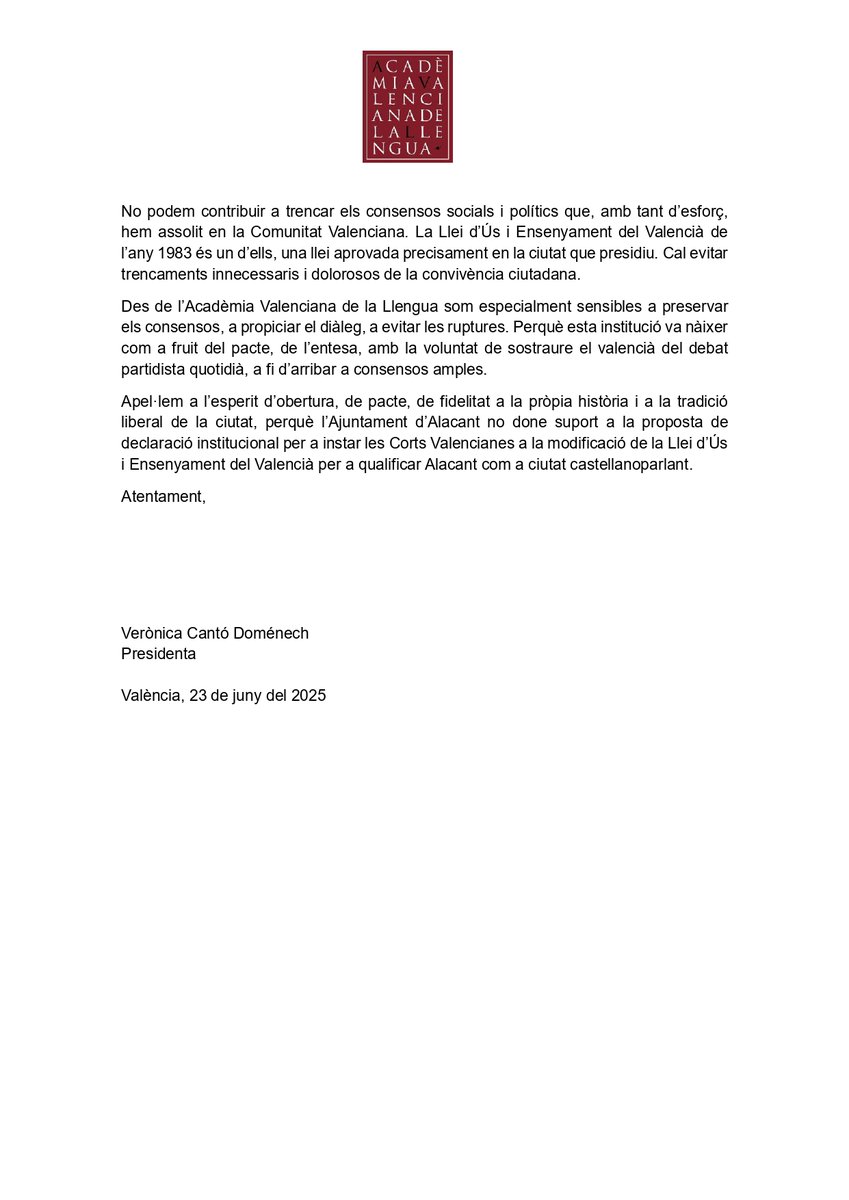 Carta de l’AVL a l’alcalde d’Alacant demanant-li que no done suport a la proposta de declaració institucional que insta les Corts Valencianes a la modificació de la Llei d’Ús i Ensenyament del Valencià per a qualificar Alacant com a ciutat castellanoparlant. 🧵