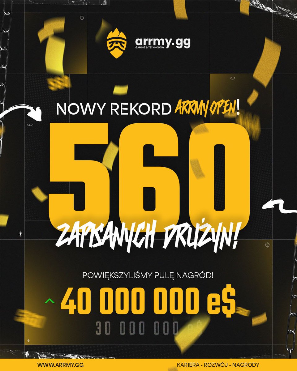 Inaugurujemy dziś 13 sezon rozgrywek <a href="/ARRMYgg/">arrMY</a> Open. Wspólnie z <a href="/Piaskes/">Piaskes</a> zapraszamy od godziny 17:00 na arrmy_tv📺

Ilość zapisanych drużyn robi wrażenie, dziękujemy za zaufanie życzę udanego sezonu i zapraszam Was dzisiaj na pierwsze mecze 👊