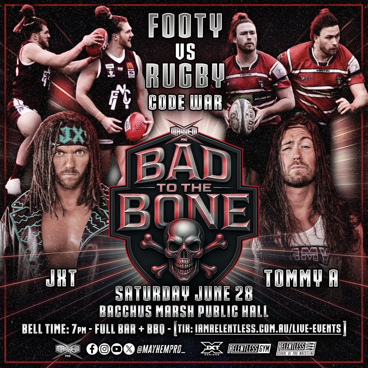 Mayhem Pro (@mayhempro_) on Twitter photo The battle between Aussie Rules Footy and Rugby comes to a head Saturday night at <a href="/MayhemPro_/">Mayhem Pro</a> Bad to the Bone!
As <a href="/JXT_Official_/">JXT ‘The JayStick’</a> from the Melton Bloods
Faces
Tommy A from <a href="/RugbyBallarat/">Rugby Ballarat</a>
Get your tickets now
🎟️: iamrelentless.com.au/live-events
Doors 6pm
Bell time 7pm
Full Bar & BBQ The battle between Aussie Rules Footy and Rugby comes to a head Saturday night at <a href="/MayhemPro_/">Mayhem Pro</a> Bad to the Bone!
As <a href="/JXT_Official_/">JXT ‘The JayStick’</a> from the Melton Bloods
Faces
Tommy A from <a href="/RugbyBallarat/">Rugby Ballarat</a>
Get your tickets now
🎟️: iamrelentless.com.au/live-events
Doors 6pm
Bell time 7pm
Full Bar & BBQ