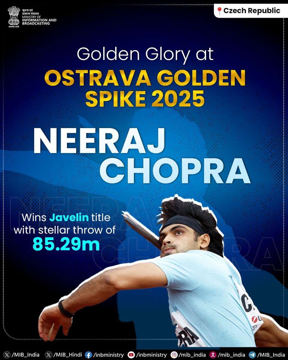 Ministry of Information and Broadcasting (@mib_india) on Twitter photo Neeraj Chopra shines again at global stage!
A stellar throw of 85.29m earned him the Javelin Throw Title at the Ostrava Golden Spike 2025 in Czech Republic.
#OstravaGoldenSpike2025 #NeerajChopra #OstravaGoldenSpike
<a href="/afiindia/">Athletics Federation of India</a> <a href="/Neeraj_chopra1/">Neeraj Chopra</a> Neeraj Chopra shines again at global stage!
A stellar throw of 85.29m earned him the Javelin Throw Title at the Ostrava Golden Spike 2025 in Czech Republic.
#OstravaGoldenSpike2025 #NeerajChopra #OstravaGoldenSpike
<a href="/afiindia/">Athletics Federation of India</a> <a href="/Neeraj_chopra1/">Neeraj Chopra</a>