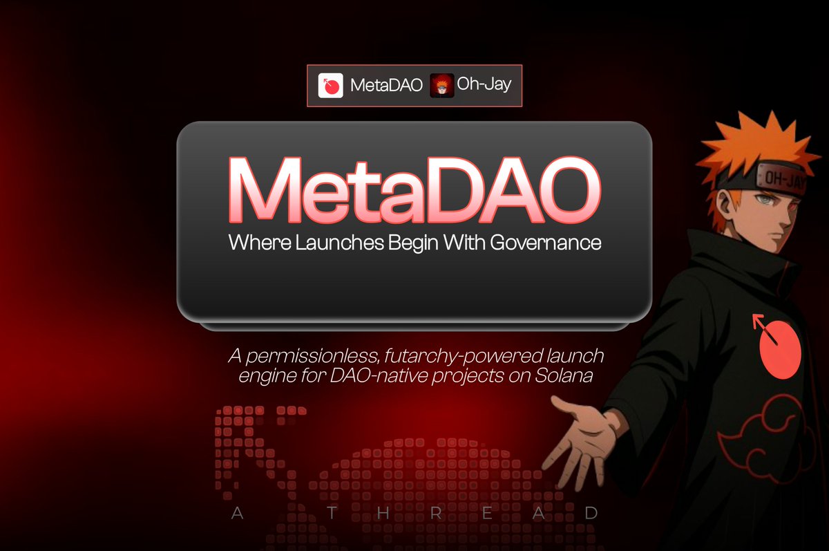 MetaDAOのプロモーションバナー（アニメキャラクターと「Where Launches Begin With Governance」のタグライン）