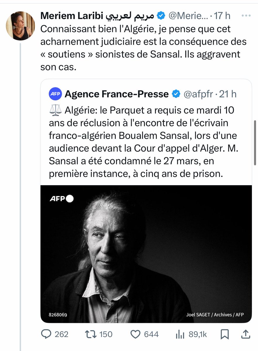 sophia aram (@sophiaaram) on Twitter photo Faire porter la responsabilité sur les "jui... euh, les "sionistes" tout en confirmant l'antisémitisme et l'acharnement du régime algérien dans le même tweet ! 
#BravoLeVeau Faire porter la responsabilité sur les "jui... euh, les "sionistes" tout en confirmant l'antisémitisme et l'acharnement du régime algérien dans le même tweet ! 
#BravoLeVeau