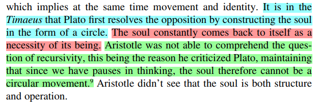 Yuk Hui observes, in 'Recursivity and Contingency' (2019, p. 5) how, in contrast to Plato's Timaeus, and its 'beautiful bond' (31c) of reciprocating spheres, Aristotle could not countenance recursivity, as it appeared to violate the finitude, not only of calculation, but of the