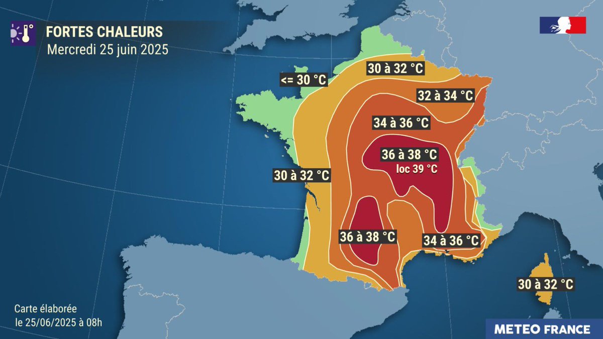 🌡️ Très fortes chaleurs avant des orages parfois violents sur un très large axe central du pays en fin d'après midi et soirée. 

Jeudi, baisse des températures suite aux orages. Les fortes chaleurs ne concerneront plus alors que le pourtour méditerranéen.

vigilance.meteofrance.fr/fr