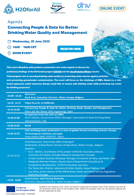 dottorozono's tweet image. Webinar on disinfection by-products (#DBPs) in #water today from 2:00 to 4:00 p.m.. We will explore prevention measures and management strategies. I thank the organizers for inviting me to the discussion.
Webinar Registration:
shorturl.at/K2ifG

@H20EU