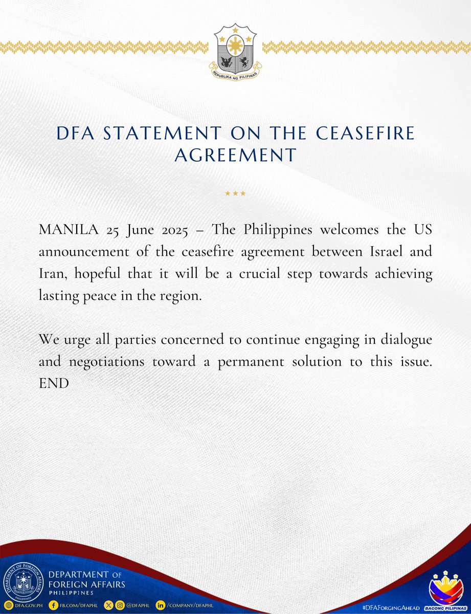 DFAPHL's tweet image. ‼️READ‼️ #DFAStatement: On the Ceasefire Agreement

#DFAForgingAhead