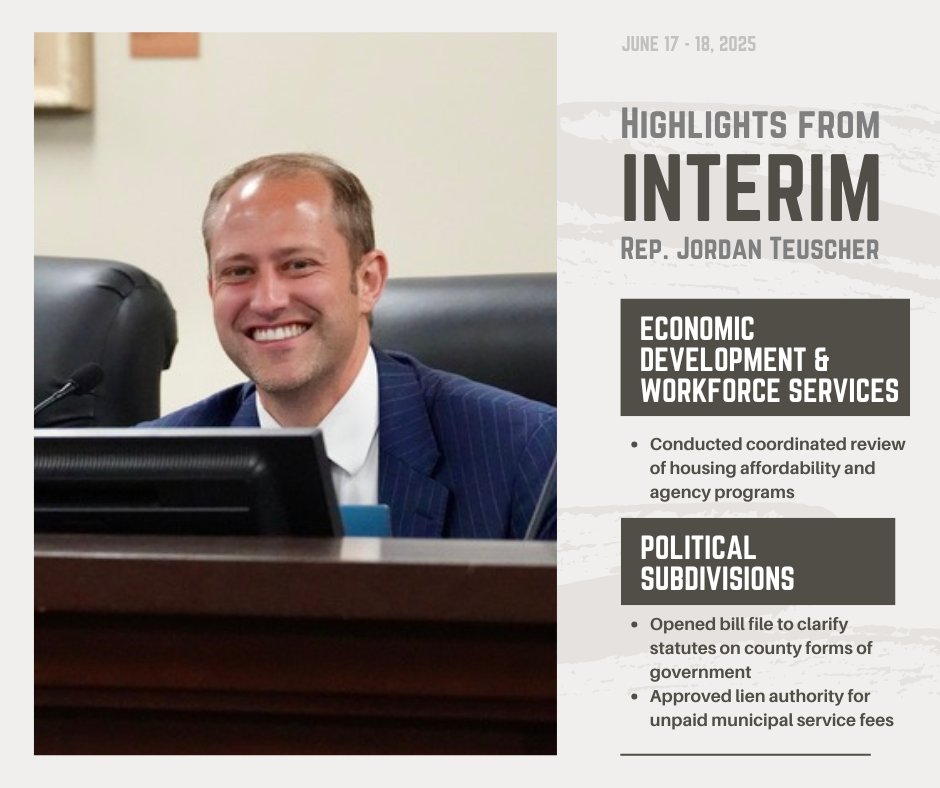 jordanteuscher's tweet image. We were back on Capitol Hill last week for two days of interim meetings. My committees held key discussions on housing affordability, workforce development, & local government structure. Grateful for the chance to keep working on important issues and prepare for the next session!