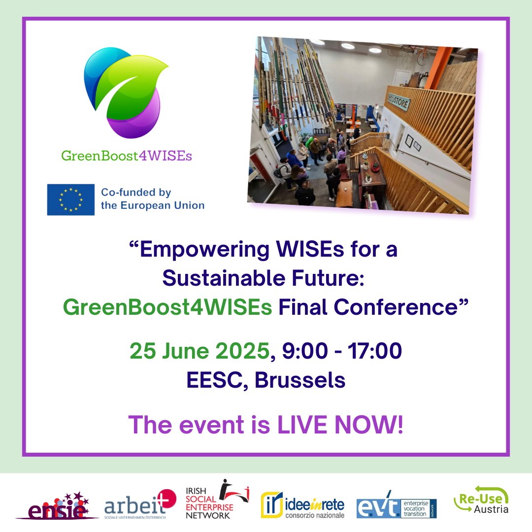 We’re LIVE! The #GreenBoost4WISEs Final Conference is happening now!
🌱 Join us as we explore how WISEs are leading the green &amp; inclusive transition.
💻 Watch the livestream: live.eesc.europa.eu/play/?id=691
📑 Agenda: ensie.org/events/open-to…