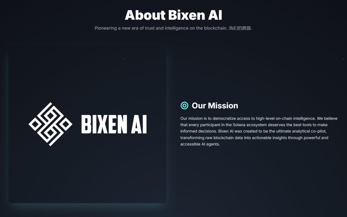 BixenAIofficial's tweet photo. About Bixen AI
Pioneering a new era of trust and intelligence on the blockchain. 我们的愿景.

Our Mission
Our mission is to democratize access to high-level on-chain intelligence.

We believe that every participant in the Solana ecosystem deserves the best tools to make informed decisions.

Bixen AI was created to be the ultimate analytical co-pilot, transforming raw blockchain data into actionable insights through powerful and accessible AI agents.