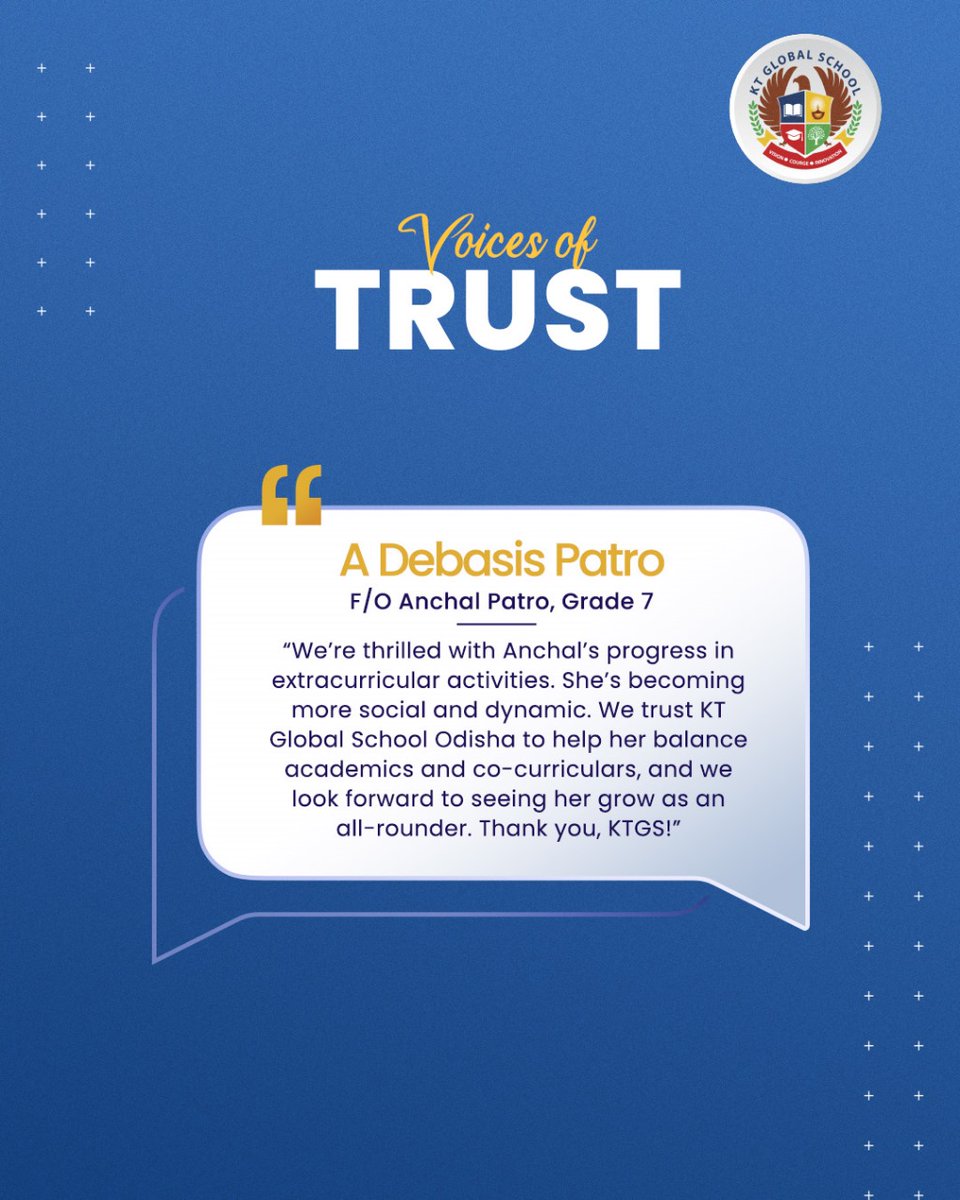Where confidence meets capability! At KT Global School, we don’t just educate we empower. Anchal’s journey shows how balanced learning builds all-rounders. Real stories. Real trust.

#KTGlobalSchool #VoicesOfTrust #ParentSpeaks #FutureReadyLearners #CBSEOdisha #BeyondAcademics