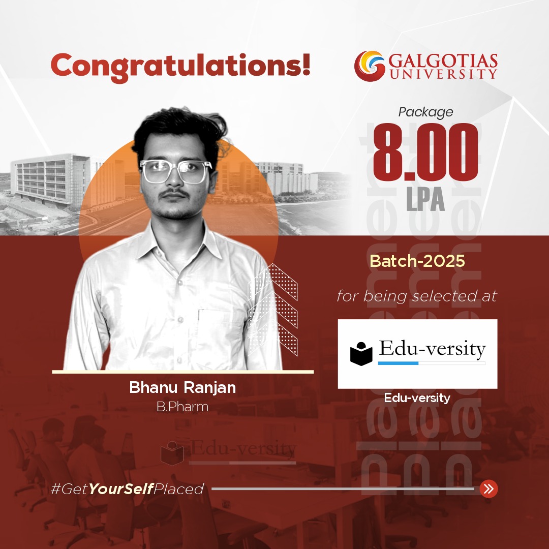 GalgotiasGU's tweet photo. Applauding the success of Bhanu Ranjan from the B.Pharm program at Galgotias University for securing an impressive placement package of 8.00 LPA with Edu-versity. His achievement is a reflection of dedicated academic pursuit and the career-focused learning ecosystem at Galgotias. We wish him continued success as he steps confidently into the professional world.

#GetYourselfPlaced #GalgotiasUniversity #BPharmSuccess #Eduversity #Placement2025 #CampusPlacements #StudentAchievement #FutureReadyCareers