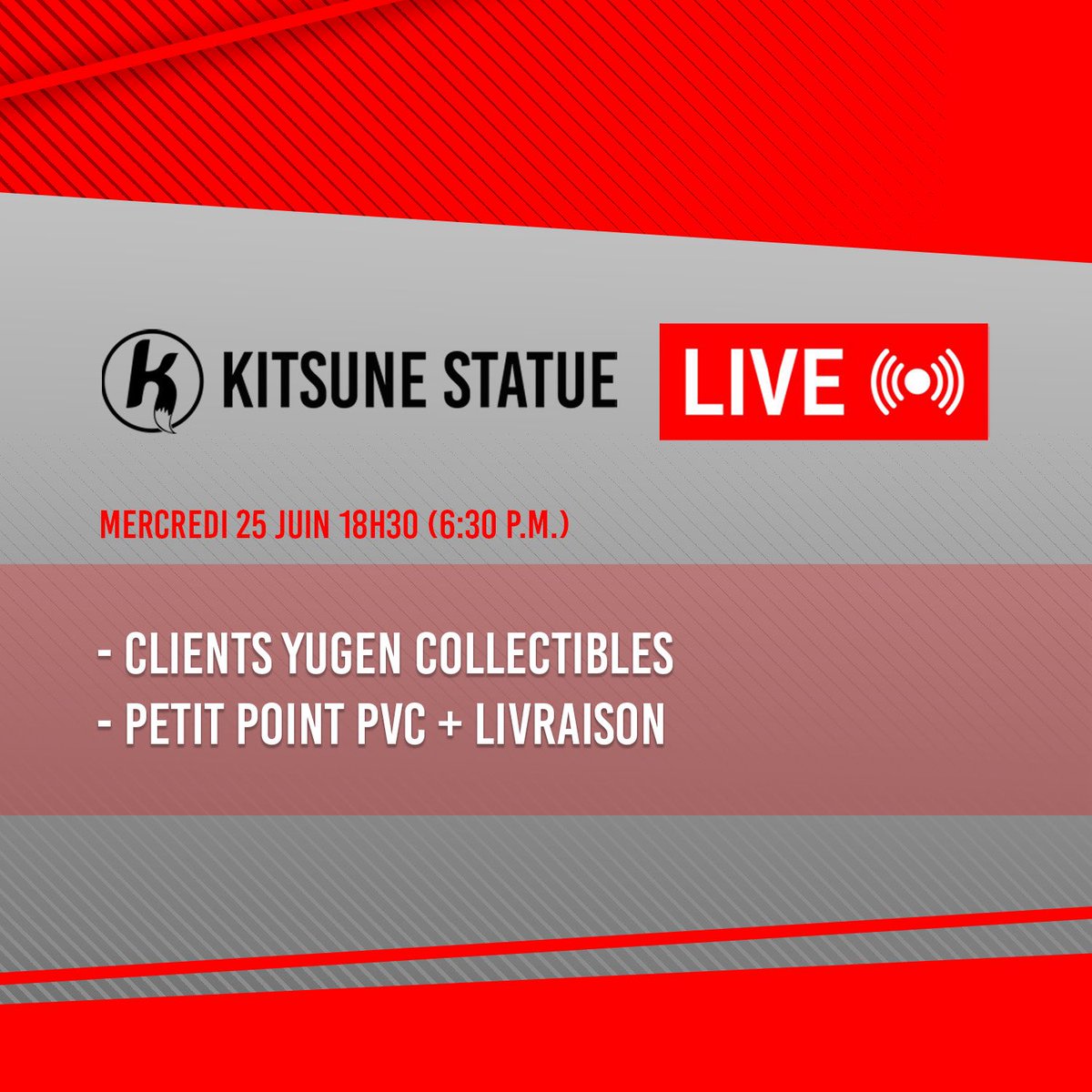 Hi everyone, 

Short live tonight on our Facebook page to clarify the situation about Yugen Collectibles. 

We received two new pieces at our office and why not sharing this with you :) !

If you have questions, it will be the moment to ask !

See you tonight.