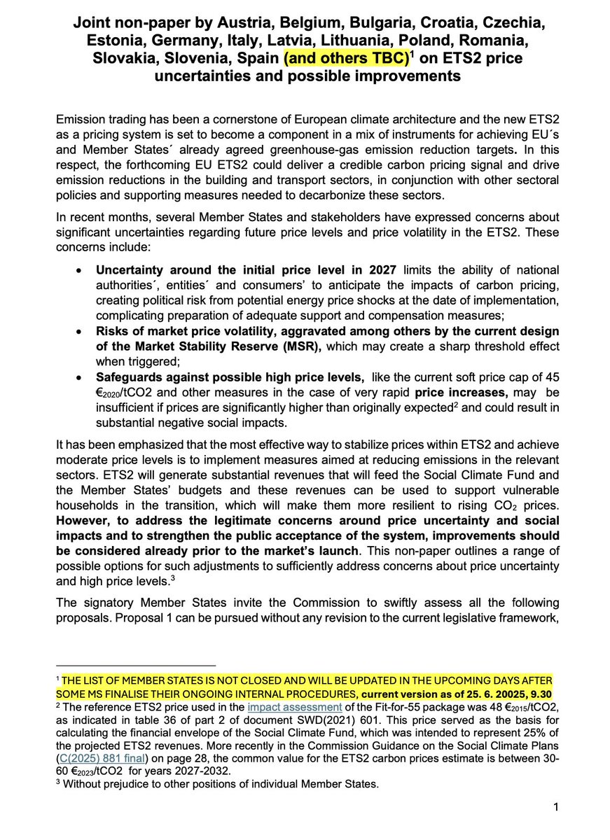 15 Member States signed a non paper asking the Commission to asses five proposals on ETS2 (additional Member States might sign the document later)