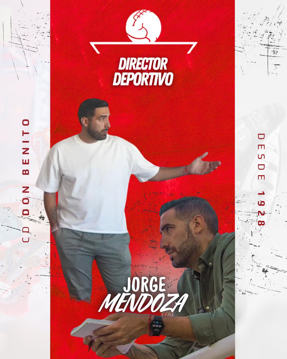 #OFICIAL |

𝑱𝑶𝑹𝑮𝑬 𝑴𝑬𝑵𝑫𝑶𝒁𝑨 (<a href="/JorgeMendozaDD/">𝕁⚽ℝ𝔾𝔼 𝕄𝔼ℕ𝔻⚽ℤ𝔸</a>) se une al #CDDonBenito como Director Deportivo.

Cuenta con experiencia en la categoría, tras su paso por el Llerenense, con el que logró ascender a 2RFEF y disputó dos finales por el ascenso.

JUNTOS VOLVEREMOS ❤️🤍