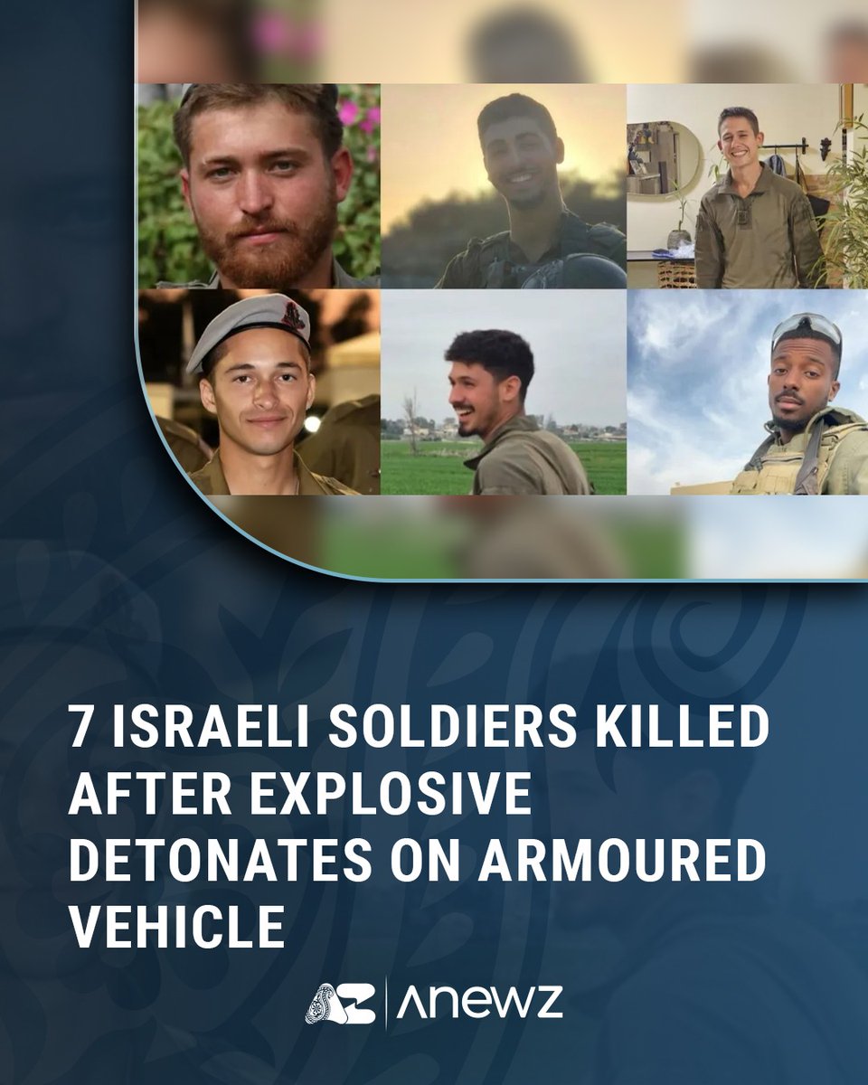 Anewz_tv's tweet photo. On June 24, 2025, an explosive device detonated on an armoured combat-engineering vehicle in Khan Younis, killing seven Israeli soldiers and seriously wounding another soldier.
#KhanYounis #IsraeliSoldiers #ExplosiveAttack #MilitaryIncident #SecurityUpdate #MilitaryCasualties https://t.co/AFcD9f0vub