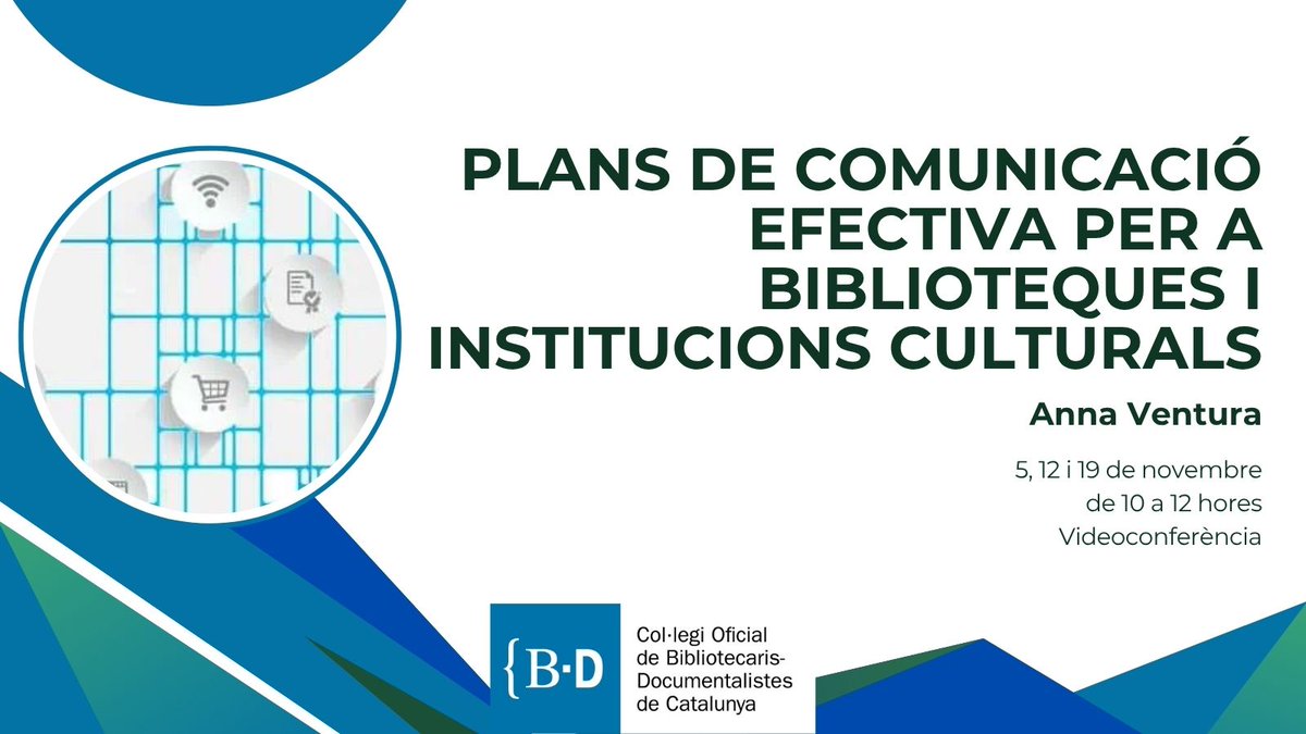 ✍ 39/25 – Plans de Comunicació efectiva per a biblioteques i institucions culturals
Aprèn a dissenyar i implementar plans de comunicació.

📆 5, 12 i 19 de novembre, de 10 a 12 h
📍 Videoconferència
🎓 Anna Ventura-Cisquella 

📎cobdc.org/producte/39-25…

#FormacióCOBDC