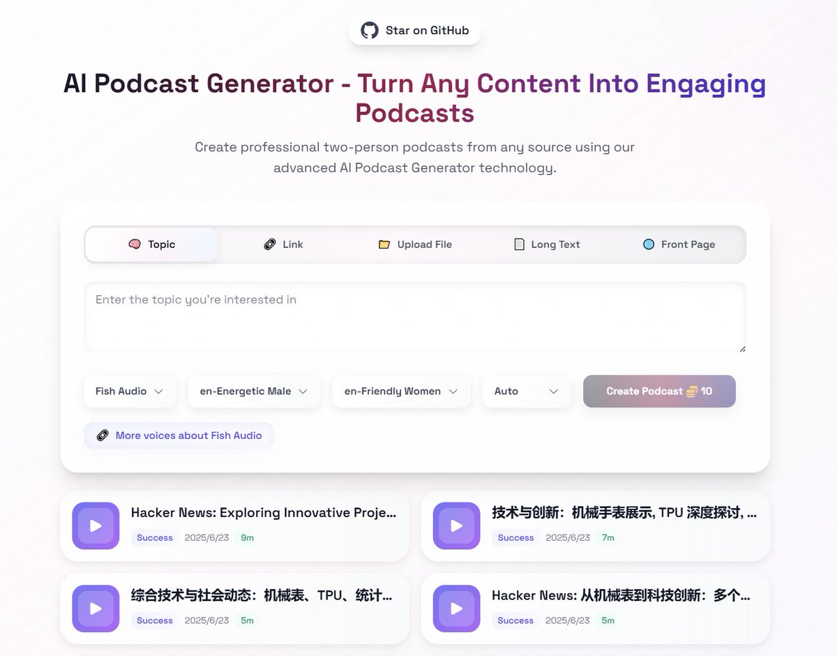 GitHub 上一款开源的 AI 博客生成工具：Twocast，效果颇为不错，非常像真人。

支持多种输入方式，无论是主题、网页链接还是文档，都能在几分钟内生成包含音频、大纲和脚本的完整播客内容。

GitHub：github.com/panyanyany/Two…

主要功能：

- 一键生成 3-5 分钟双人播客，包含音频、大纲、脚本
-