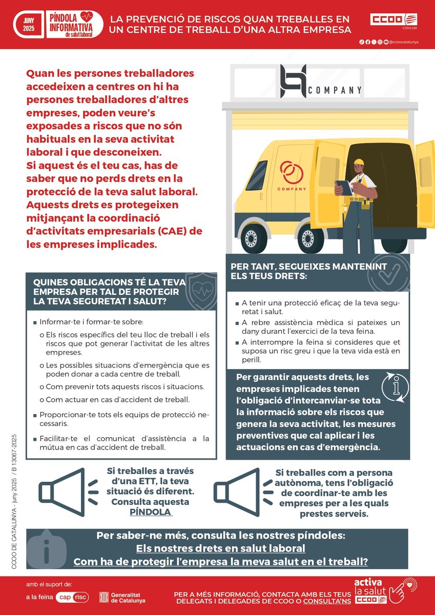 Quan treballem en centres de treball d’altres empreses, podem veure’ns exposades a riscos que no són habituals en la nostra activitat.

T'expliquem com t'ha de protegir l'empresa en aquests casos👇
#ActivaLaSalut