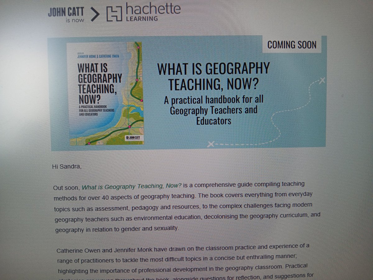 Exciting email today...
What is Geography Teaching, Now? publishes soon. I'm super excited to see my chapter 'Environmental Education: An Integrated Approach' in print soon!
Even better that my friend, <a href="/CMOGeography/">Chantal MayoHollaway</a>, is in the same publication ✨️
Thank you, <a href="/GeogMum/">Catherine Owen</a> <a href="/Jennnnnn_x/">jennnnnn 🌎</a>
