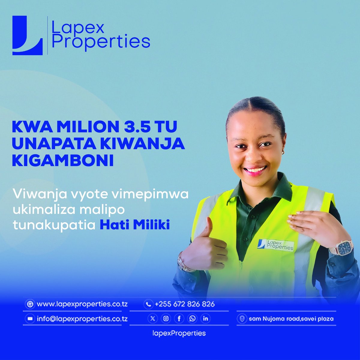 lapexproperties's tweet image. Kwa milioni 3.5 tu unamiliki kiwanja Kigamboni! Viwanja vimepimwa na unapata Hati Miliki baada ya malipo. Usikose nafasi hii ya kipekee kutoka Lapex Properties!
@lapexproperties