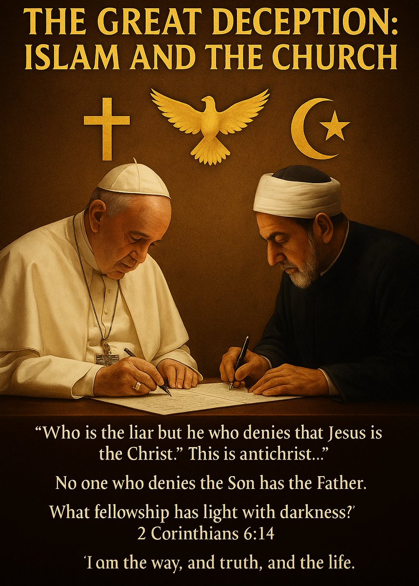 🕊️ THE GREAT DECEPTION: ISLAM AND THE CHURCH
Recently, the Catholic Church declared that Muslims are our brothers, calling for unity between Christianity and Islam.
 
Pope Francis even signed the Document on Human Fraternity with an Islamic leader, claiming we worship the same