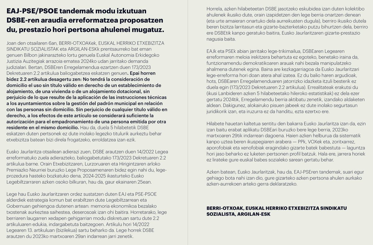 BERRI-OTXOAK, SINDICATO SOCIALISTA DE VIVIENDA DE EUSKAL HERRIA, ARGILAN-ESK:

“El tándem PNV-PSE/PSOE plantea de tapadillo una reforma del reglamento de la RGI, limitando su acceso a esta prestación a las personas más vulnerables”
