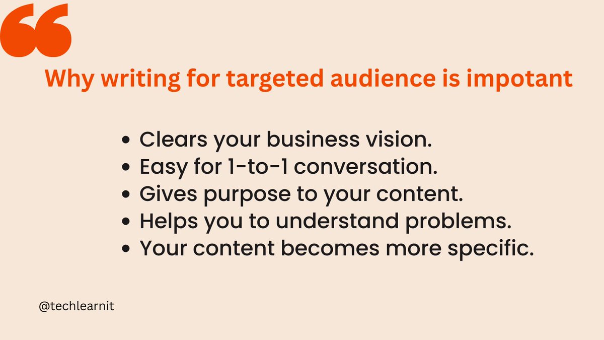 TechLearnit's tweet image. Why writing for a targeted audience is important:

✅Clears your business vision.
✅Easy for 1-to-1 conversation.
✅Gives purpose to your content.
✅Helps you to understand problems.
✅Your content becomes more specific.

When you understand why and for whom you are writing
You…
