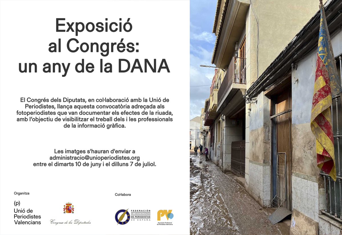 La Unió de Periodistes i <a href="/Congreso_Es/">Congreso</a> llancen una convocatòria a fotoperiodistes que van cobrir la DANA per a seleccionar 45 fotografies que integraran una mostra en el Congrés.

🗓 Recepció d’imatges fins al 7/07 a administracio@unioperiodistes.org.

unioperiodistes.org/2025/06/09/con…