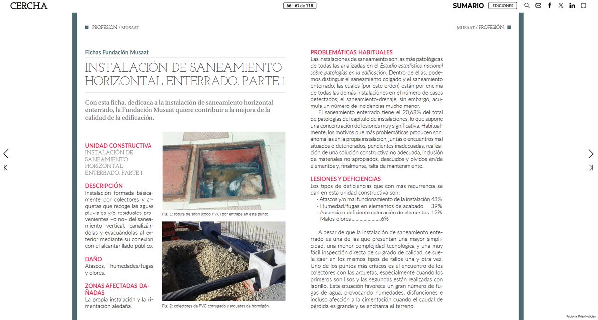 📚Nueva ficha técnica de la Fundación Musaat.
Este documento analiza el saneamiento enterrado, la instalación con mayor número de patologías detectadas en edificación.

 🔍 Una instalación sencilla, pero con errores que se repiten y pueden comprometer incluso la cimentación.

👉