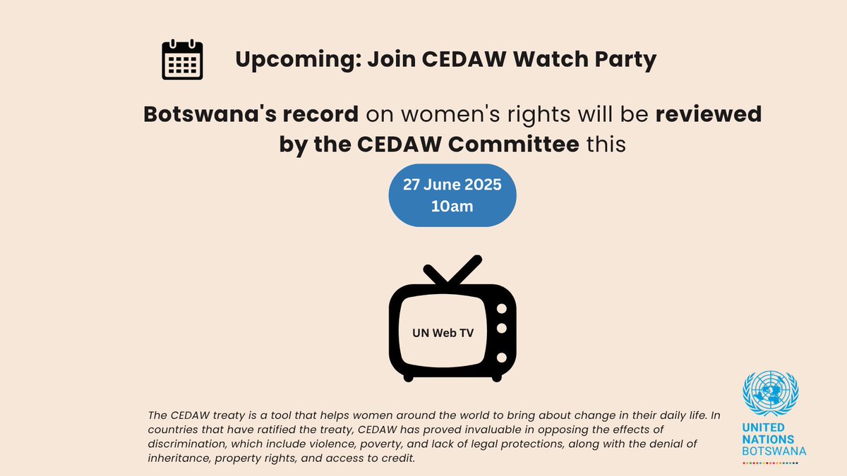 Join us for the CEDAW Watch Party on 27 June 2025, 10am to learn more about Botswana's efforts &amp; updates, as the country will be making representations!

📺Watch online: shorturl.at/YlBTf

📚Read the reports here: shorturl.at/9r9Vn

#GenderEquality #EndDiscrimination