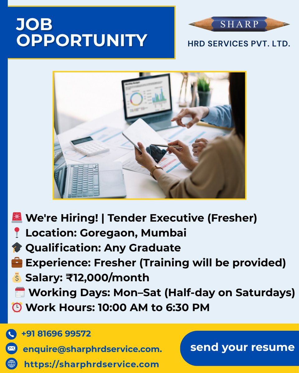 SharpGroup1's tweet photo. 📢 Job Opportunity Alert – Freshers Welcome!
We're looking for a Tender Executive to join team in Goregaon, Mumbai! 🚀
#FreshersJobs #TenderExecutive #MumbaiJobs #CareerStart #HiringNow #SharpHRD #JobOpportunity #CorporateJobs #GraduateJobs #FresherHiring #JoinOurTeam https://t.co/BJJKTdhNxE