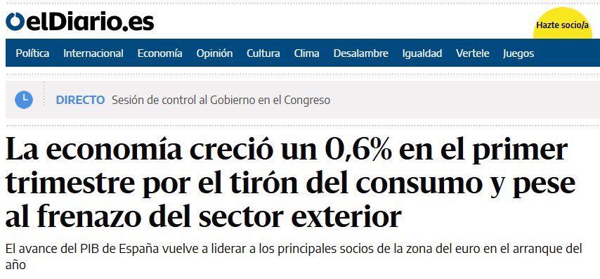 📈 El INE confirma un crecimiento del 0,6% en el primer trimestre.

🇪🇸 España crece más que las grandes economías europeas y lo hace con el esfuerzo de todos: trabajadores, autónomos y empresas.

🌹Hechos y datos. Frente a la crispación, gestión. Frente al ruido, progreso