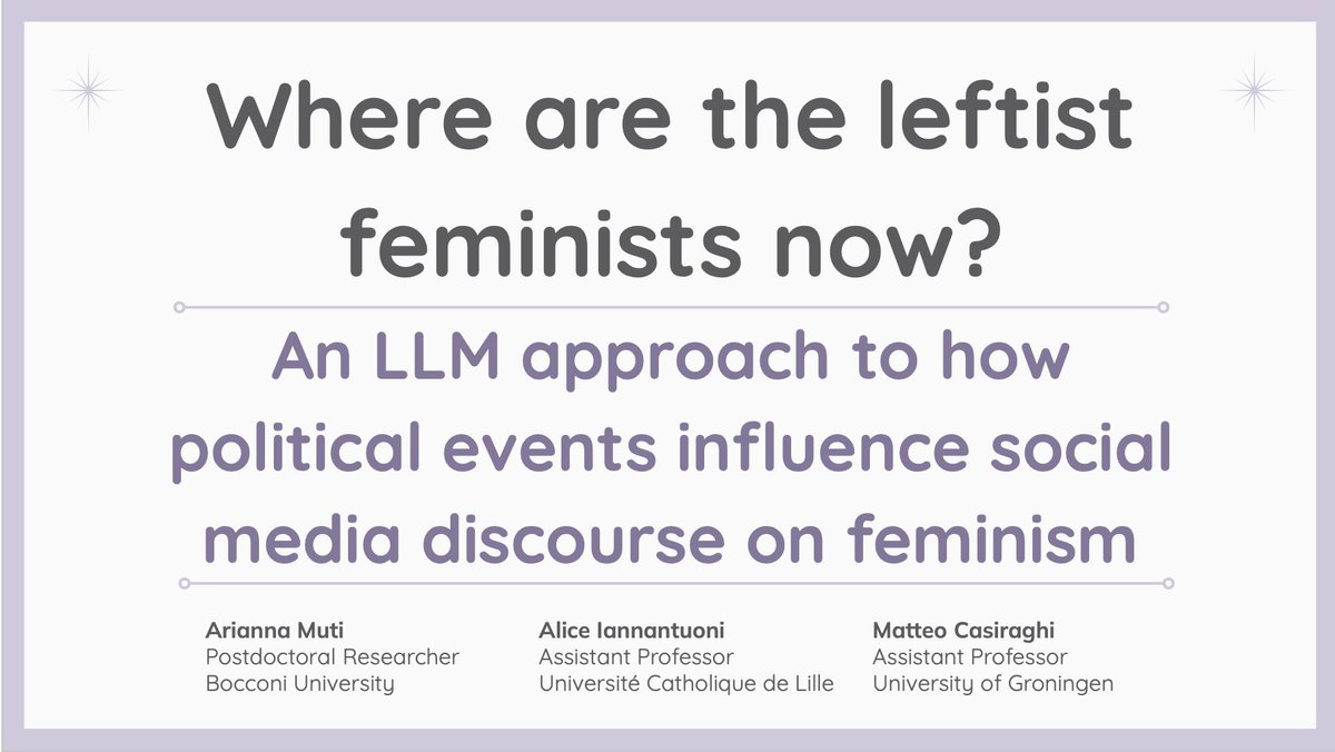 Arianna Muti (@aramona4) on Twitter photo A new paper with <a href="/aliceiannntn/">Alice Iannantuoni</a> and <a href="/MatteoCasiragh3/">Matteo C. M. Casiraghi</a> analyzing Italian tweets on feminism, tracking toxicity and shifting connotations over time is being presented today at the LLM for political science workshop at <a href="/europsa/">EPSA</a> 📉📈 A new paper with <a href="/aliceiannntn/">Alice Iannantuoni</a> and <a href="/MatteoCasiragh3/">Matteo C. M. Casiraghi</a> analyzing Italian tweets on feminism, tracking toxicity and shifting connotations over time is being presented today at the LLM for political science workshop at <a href="/europsa/">EPSA</a> 📉📈