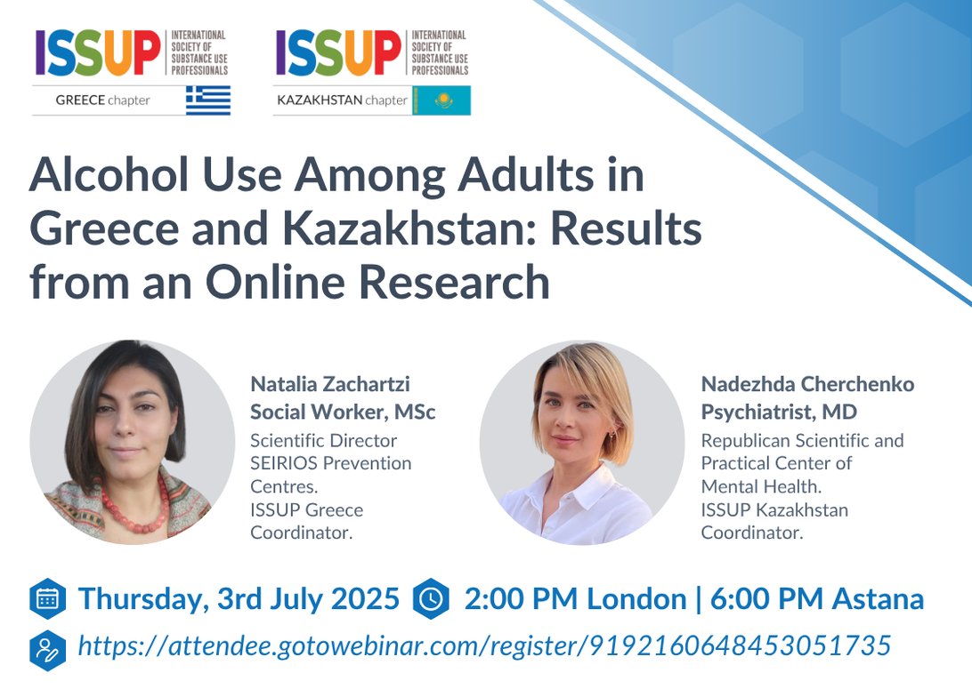 ISSUP Greece and ISSUP Kazakhstan cordially invite you to a presentation of the results from an online study on alcohol use among adults in Greece and Kazakhstan.

📅 Thurs, 3rd July 2025
⏰ 3:00 PM Astana | 9:00 AM London
➡️ issup.net/national-chapt…