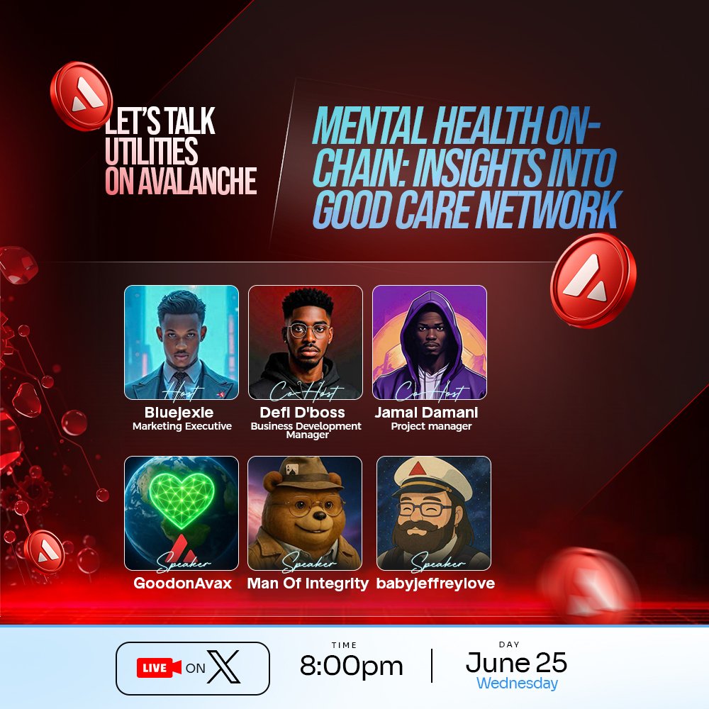 Blue Jexie (@jexiethecreator) on Twitter photo Mental health is a very vital part of every human being.
Join us as we talk about how <a href="/GoodonAvax/">GOOD ๐CARE๐บ๏ธL1</a> is provide a utility for mental health.
Its gonna be an amazing time with me and my Co hosts <a href="/GenYusuf21/">Jamal Damani โฌ</a> and <a href="/samdboss_/">Defi D'boss ๐ฆโ๐ฅ ๐บ</a>
Set reminder here:
x.com/i/spaces/1yoKMโฆ
Don't miss out Mental health is a very vital part of every human being.
Join us as we talk about how <a href="/GoodonAvax/">GOOD ๐CARE๐บ๏ธL1</a> is provide a utility for mental health.
Its gonna be an amazing time with me and my Co hosts <a href="/GenYusuf21/">Jamal Damani โฌ</a> and <a href="/samdboss_/">Defi D'boss ๐ฆโ๐ฅ ๐บ</a>
Set reminder here:
x.com/i/spaces/1yoKMโฆ
Don't miss out